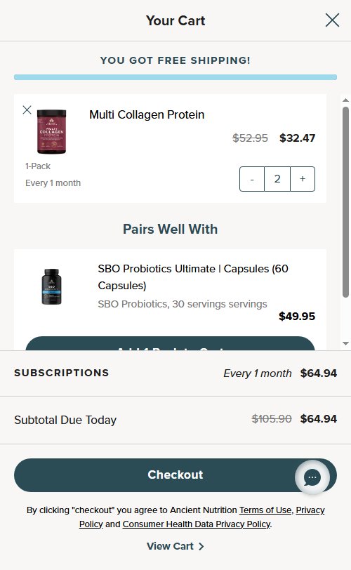 Ancient Nutrition â€” Cart (YOU GOT FREE SHIPPING! progress banner)