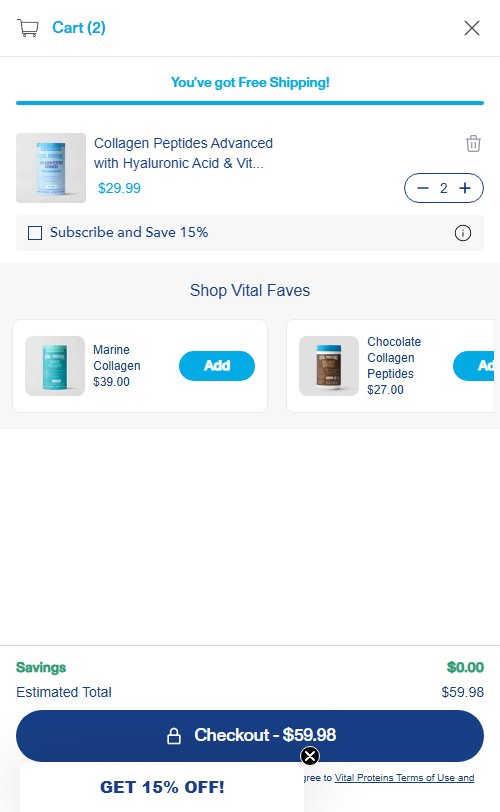 Vital Proteins â€” Cart ('Shop Vital Faves' cross-sell section with Marine Collagen + Chocolate Collagen recommendations)