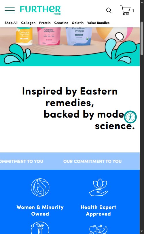 Further Food â€” Homepage (4-badge trust bar: Women & Minority Owned, Health Expert Approved, 3rd Party Tested, Real Food Ingredients)