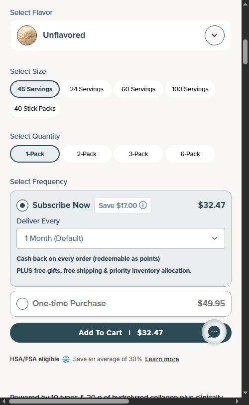 Ancient Nutrition â€” PDP (Subscribe Now pre-selected as default; One-time Purchase listed second)